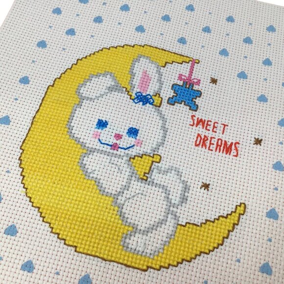 Finished Ready to Frame Cross Stitch Handmade Sweet Dreams Crescent Moon Bunny - Picture 5 of 5